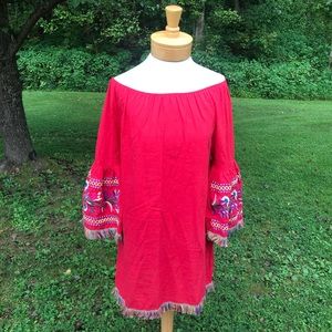 Red Embroidered Off the Shoulder Dress Medium